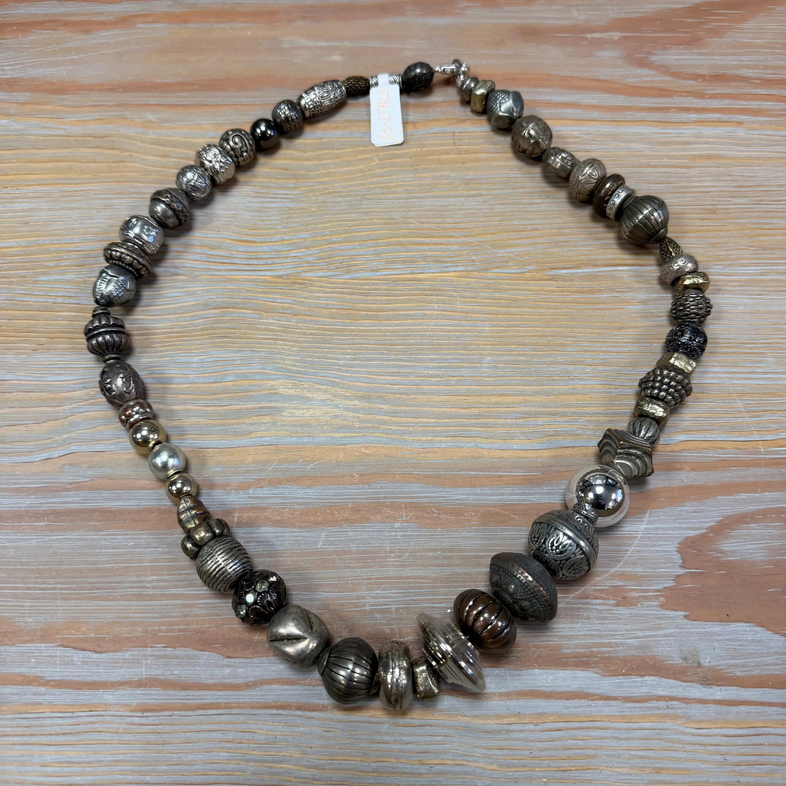 Industrial Gunmetal Necklace 22" Length, HD40: Rugged strand featuring textured gunmetal and silver-tone beads.