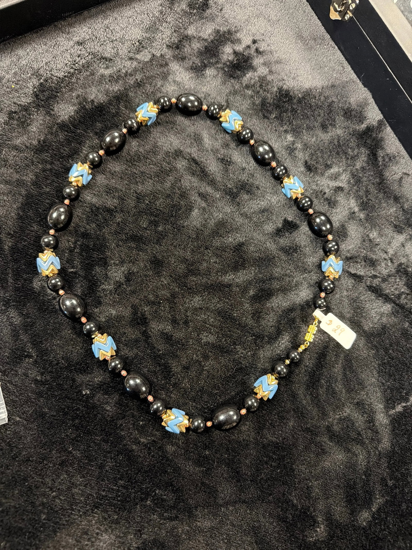 Chevron Glass & Onyx Necklace 18" Length, HD47: Polished black beads with light blue and gold chevron glass spacers.
