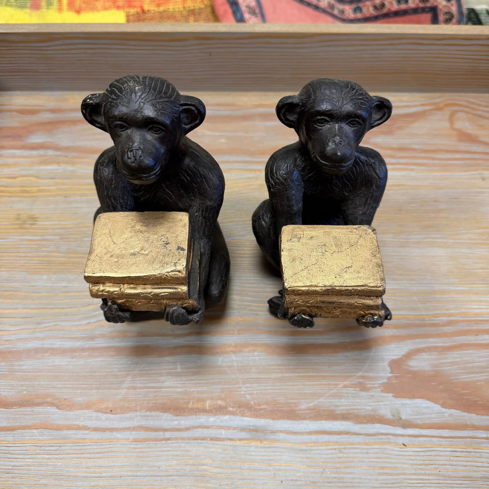 Scholar Monkeys Bookends 5" H x 4" W, HD50: Pair of heavy bronze-patina primates holding gold-leafed books