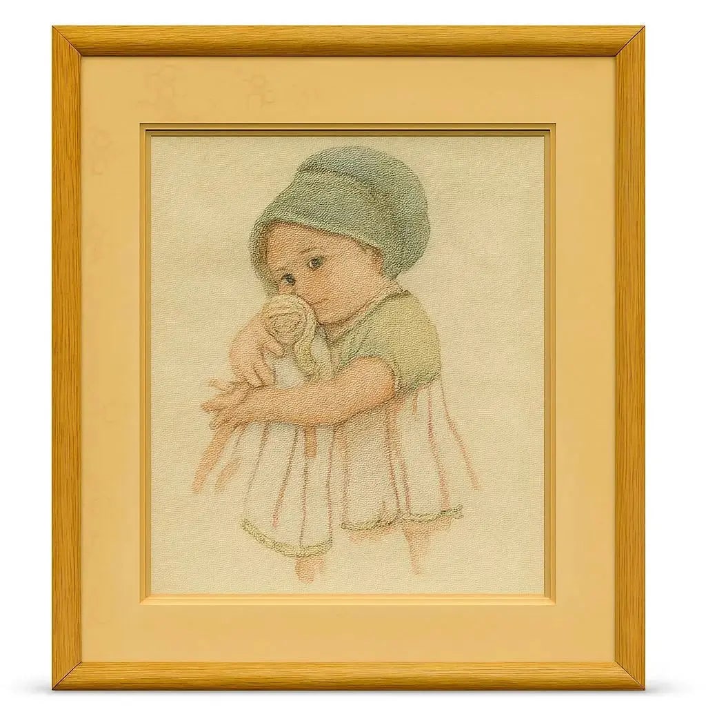 Girl with Doll Tapestry-style portrait of a young girl in a bonnet hugging a cloth, HD54: Girl with Doll Tapestry-style portrait of a young girl in a bonnet hugging a cloth