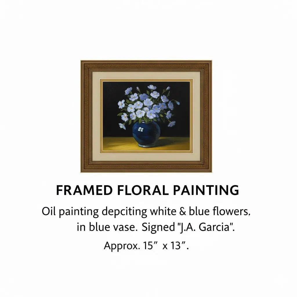 FRAMED FLORAL PAINTING Oil painting depciting white & blue flowers Signed "J.A. Garcia". Approx. 15": FRAMED FLORAL PAINTING Oil painting depciting white & blue flowers Signed "J.A. Garcia". Approx. 15" x 13"