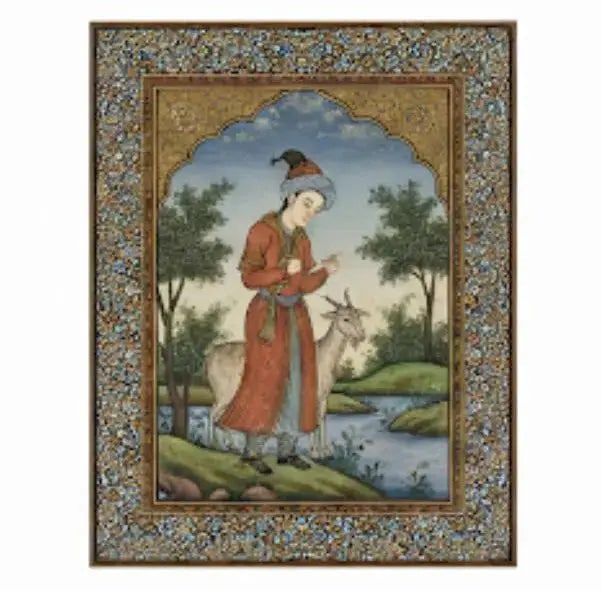 Persian Miniature Painting, A framed Persian painting depetting a serrone am serrancet set. Approx.: Persian Miniature Painting, A framed Persian painting depetting a serrone am serrancet set. Approx. 12" x 16"