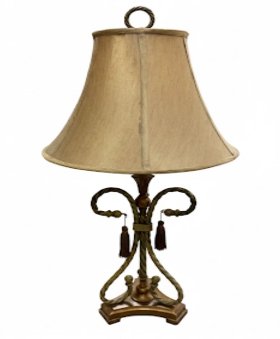 Ornate Antique Table Lamp, Traditional lamp with a twisted metal base, tassels, and beige fabric (1 of 1)