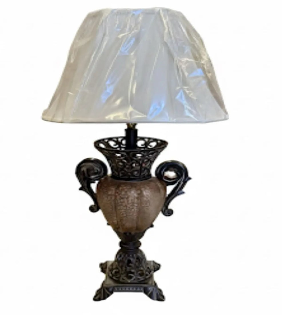 Ornate Urn Table Lamp, Traditional lamp with a crackled finish body, ornate metal base, and a shade (1 of 1)