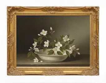 White Flowers in a Bowl Painting, A still painting depcting delicate with with dnol a shallow. The: White Flowers in a Bowl Painting, A still painting depcting delicate with with dnol a shallow. The artwok far a background and ornate an sold frame. Approx. 20" x 16"