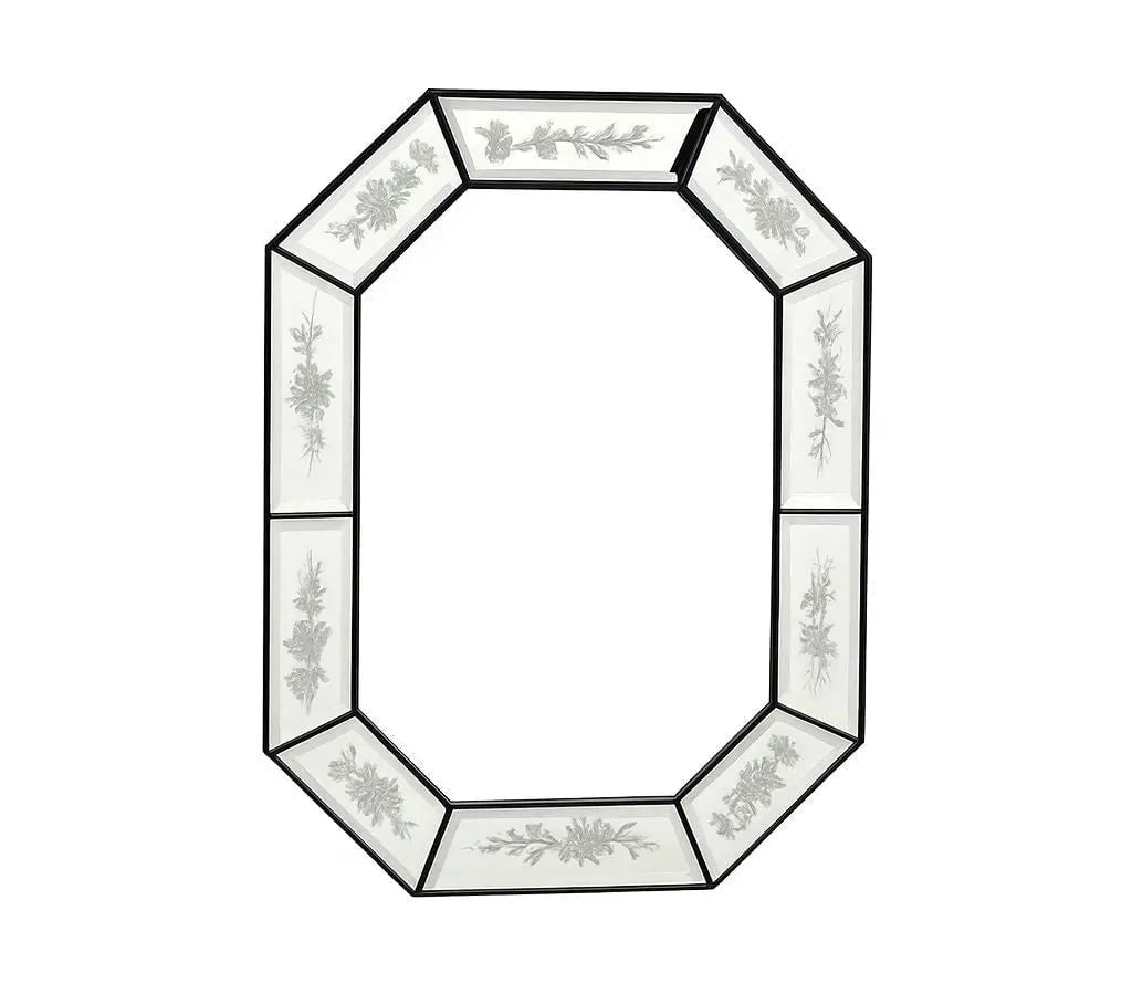 Octagonal Etched Mirror Elegant vintage octiagonal mirror featuring detailed floral etching on: Octagonal Etched Mirror Elegant vintage octiagonal mirror featuring detailed floral etching on beveled glass panels. Approx. 25" x 29"