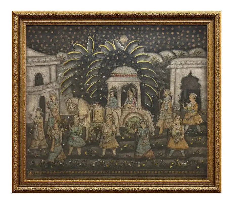 FRAMED TAPESTRY Detailed elephant procession scene. Ornate gold frame. Approx. 36" x 48", HD93 (1 of 1)