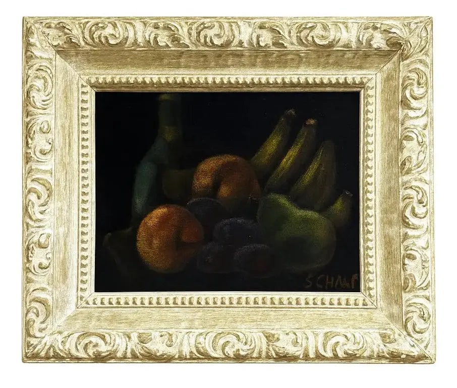 FRAMED FRUIT PAINTING Detailed still life with off-white ornate frame. Approx. 16" x 20", HD95: FRAMED FRUIT PAINTING Detailed still life with off-white ornate frame. Approx. 16" x 20"
