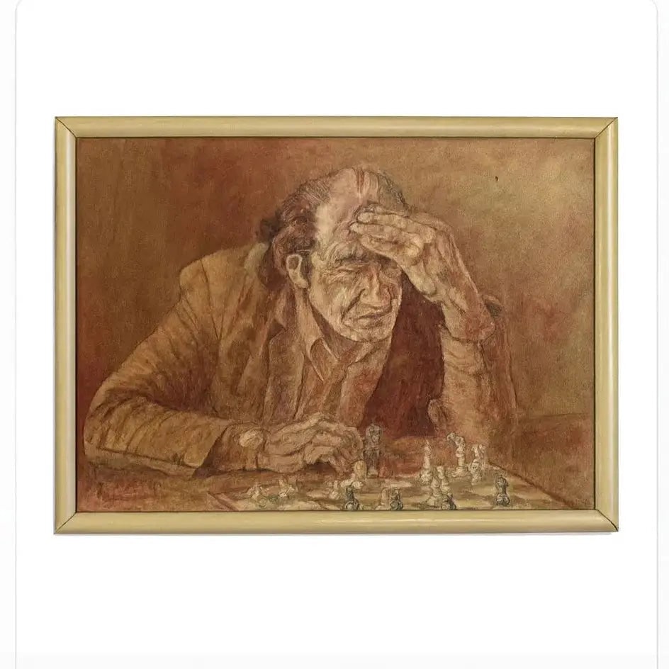 Oil painting of an elderly man deep in thought over, rendered in warm tones Approx. 24" x 38", HD96: Oil painting of an elderly man deep in thought over, rendered in warm tones Approx. 24" x 38"