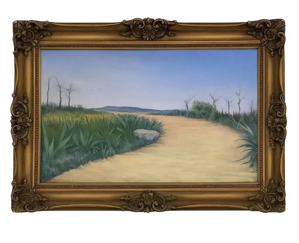Oil painting depicting a winding path through the desert landscape. Approx. 28" x 38", HD99: Oil painting depicting a winding path through the desert landscape. Approx. 28" x 38"