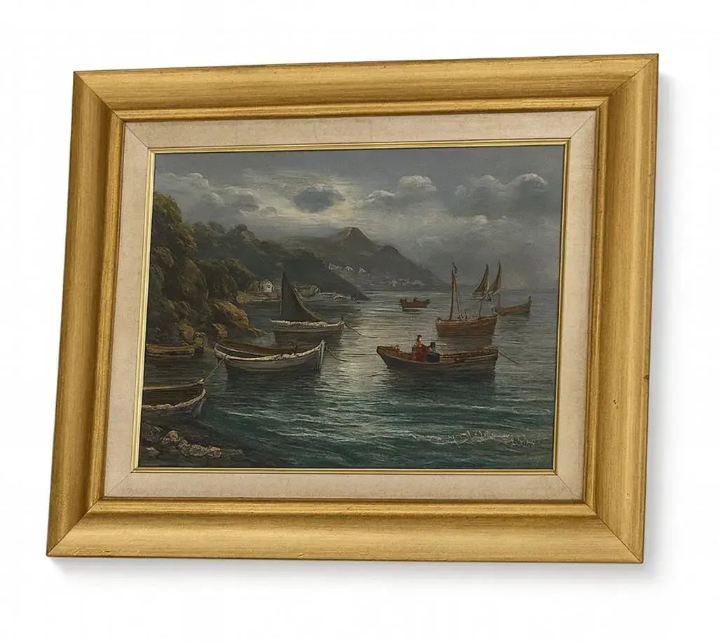 Oil painting depicting fishing boats in the water nearby Approx. 20" x 24", HD102: Oil painting depicting fishing boats in the water nearby Approx. 20" x 24"