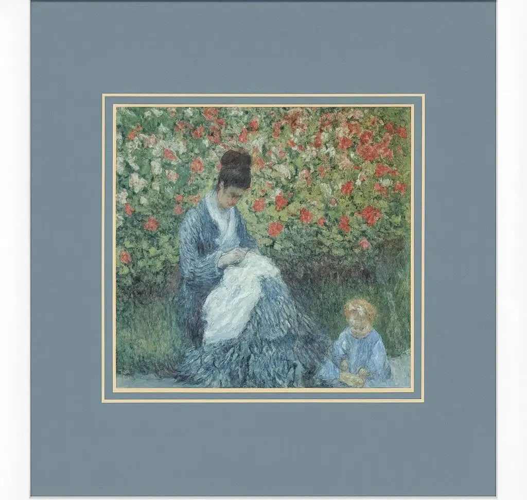 Reproduction print of a woman sewing with a child in garden Approx. 20" x 28", HD103: Reproduction print of a woman sewing with a child in garden Approx. 20" x 28"