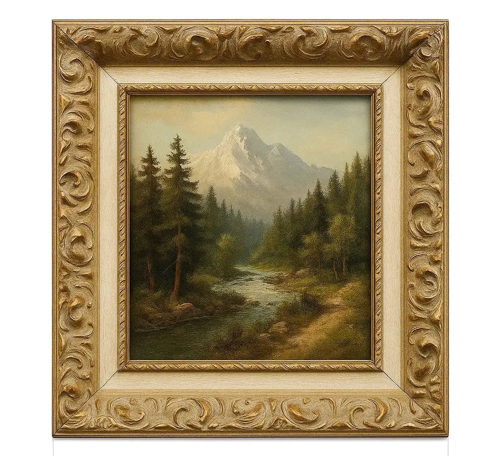 Painting of a mountain scene, with trees, river, and dirt path Approx. 20" x 24", HD104: Painting of a mountain scene, with trees, river, and dirt path Approx. 20" x 24"