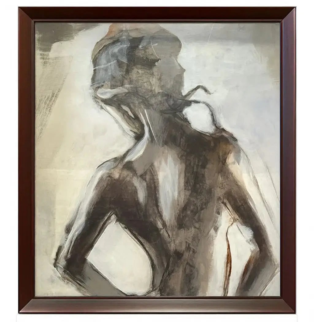 All abstract figure painting of a mude frone, bahind, in a dark brown frame Approx. 24" x 38", HD106: All abstract figure painting of a mude frone, bahind, in a dark brown frame Approx. 24" x 38"