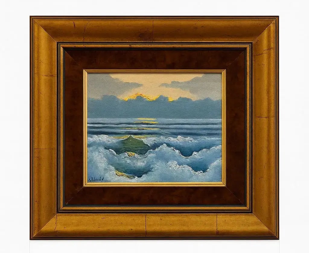Painting of waves crashing in the ocean below a sunset Approx. 13" x 15", HD116: Painting of waves crashing in the ocean below a sunset Approx. 13" x 15"