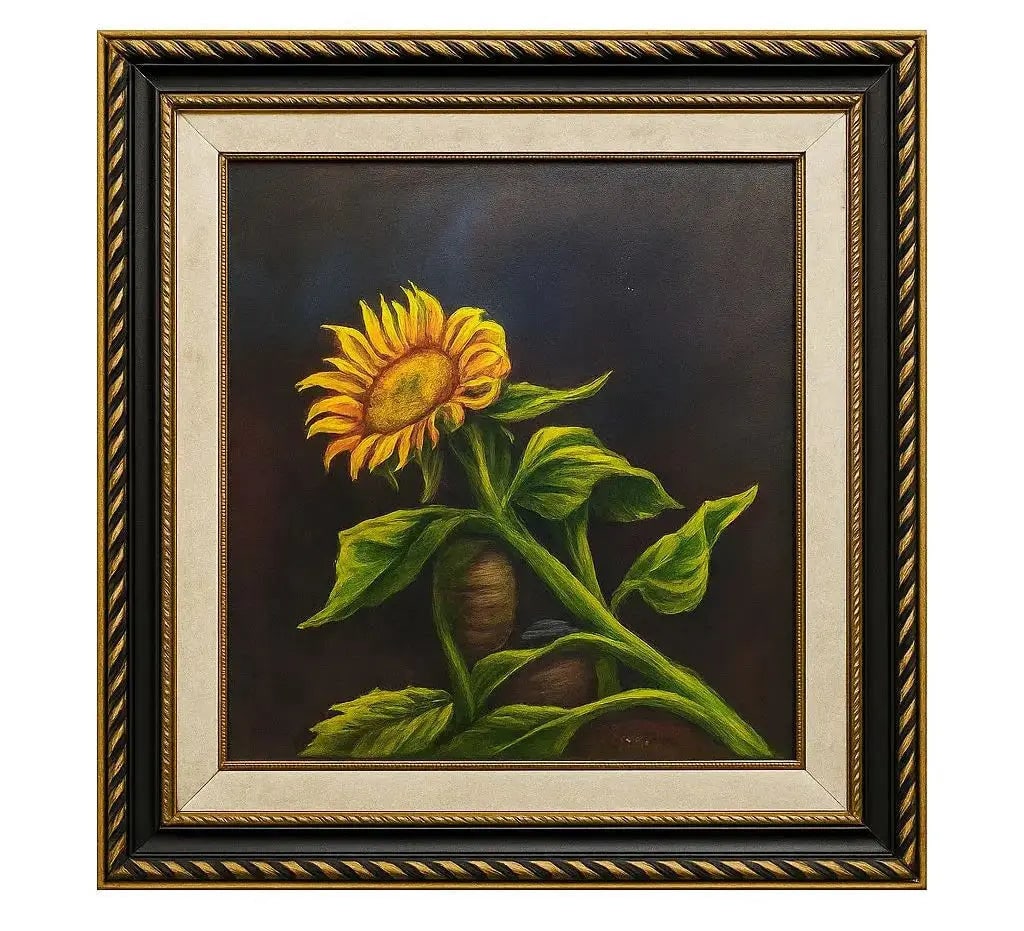 Framed Sunflower Painting with vibrant green leaves against a dark background Approx. 24" x 30,: Framed Sunflower Painting with vibrant green leaves against a dark background Approx. 24" x 31
