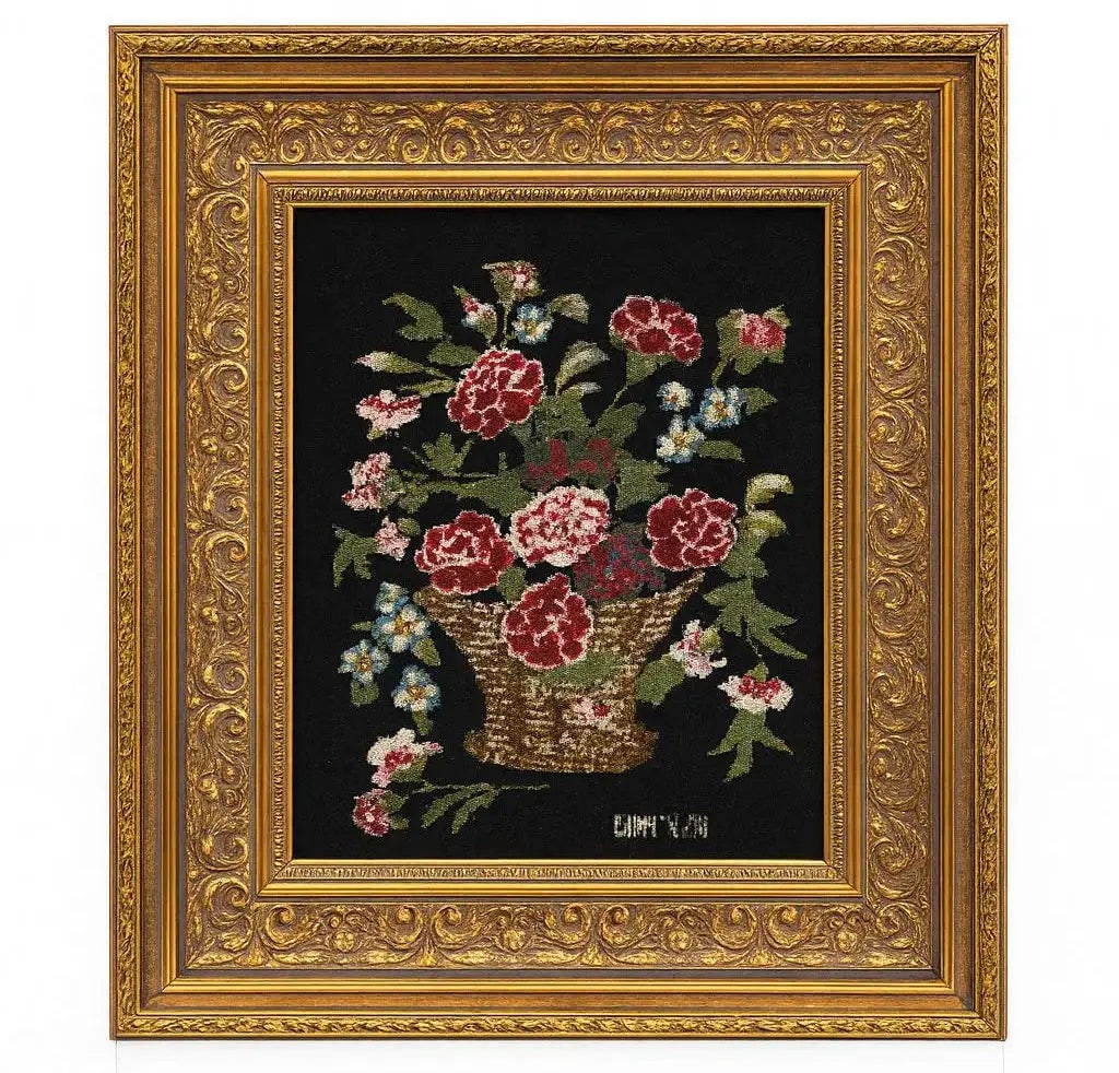 Floral Tapestry of a basket filled with flowers against black background Approx. 18" x 21", HD119 (1 of 1)
