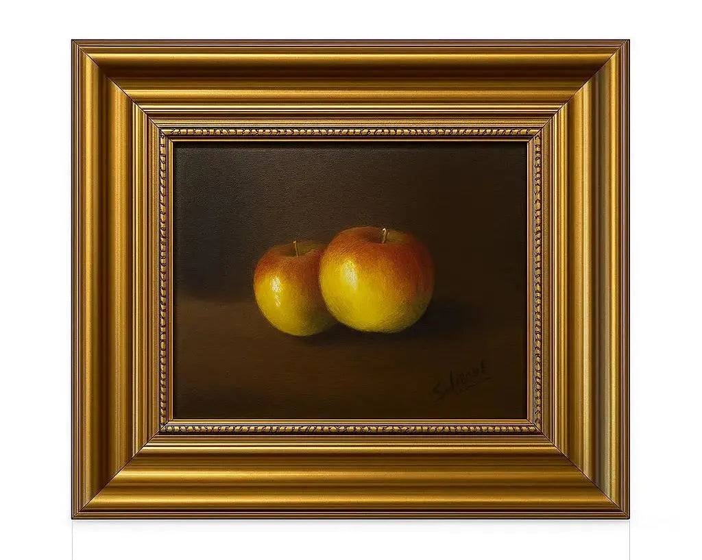 Painting of two apples on dark background in a gold ornate frame Approx. 14" x 16", HD123: Painting of two apples on dark background in a gold ornate frame Approx. 14" x 16"
