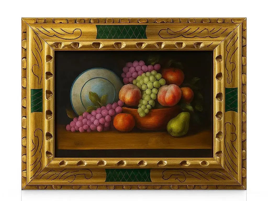 Oil painting of assorted fruit with a blue and white plate Approx. 19" x 23", HD126: Oil painting of assorted fruit with a blue and white plate Approx. 19" x 23"