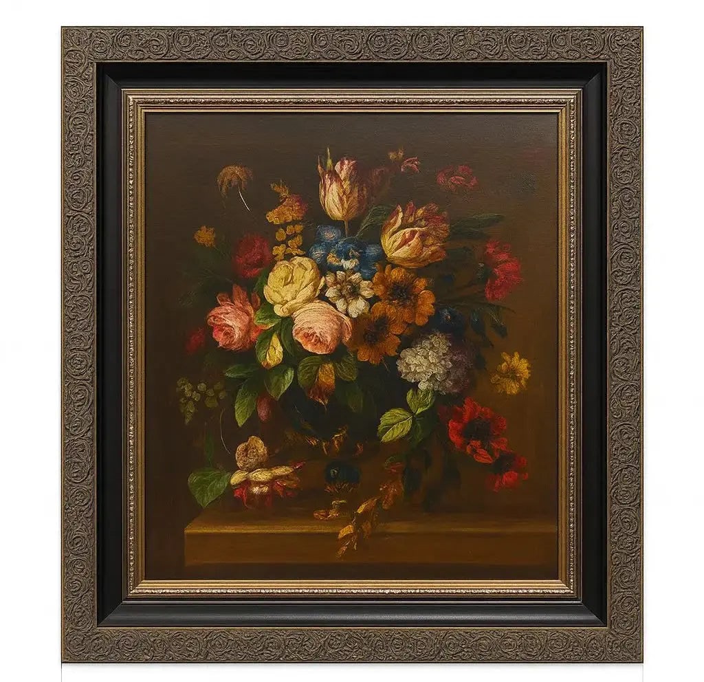 Painting of a floral bouquet in an ornate black frame Approx. 34" x 40", HD129: Painting of a floral bouquet in an ornate black frame Approx. 34" x 40"