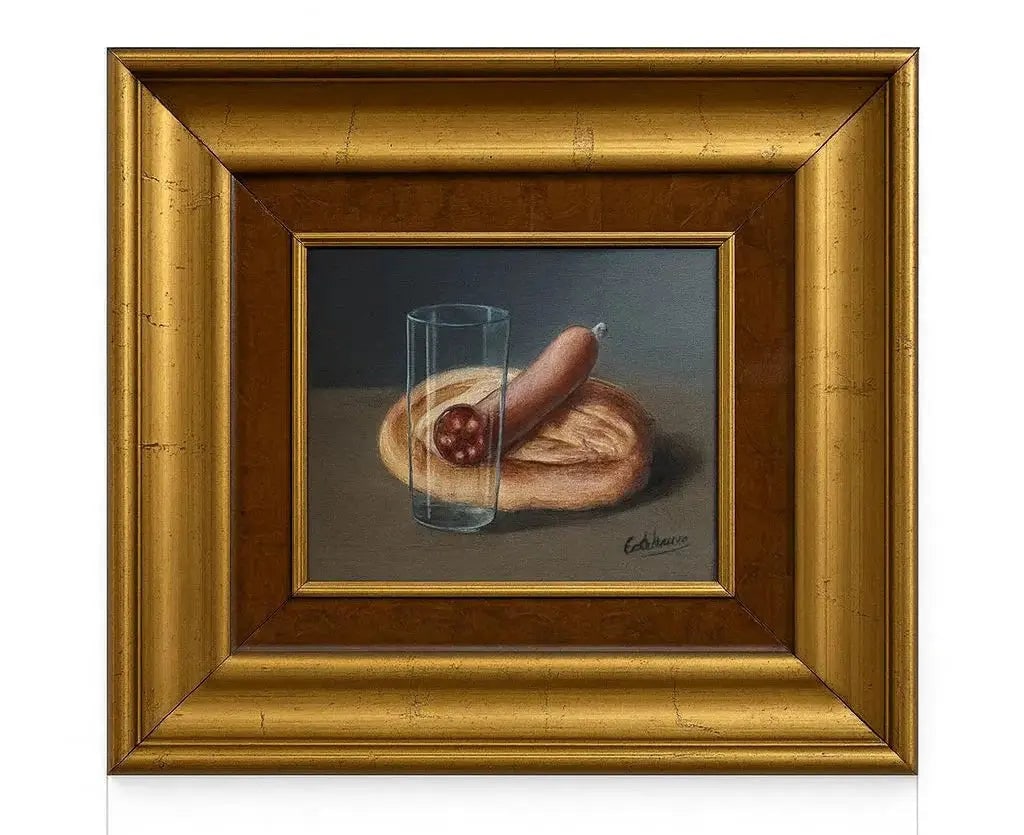 Framed Still Life with Bread, Sausage, and Glass A traditional still life oil painting. Approx. 18": Framed Still Life with Bread, Sausage, and Glass A traditional still life oil painting. Approx. 18" x 22"