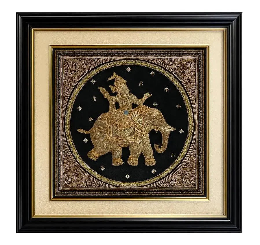 FRAMED TAPESTRY Square tapestry depicting an ornate elephant and rider. Approx. 24" x 24", HD134: FRAMED TAPESTRY Square tapestry depicting an ornate elephant and rider. Approx. 24" x 24"