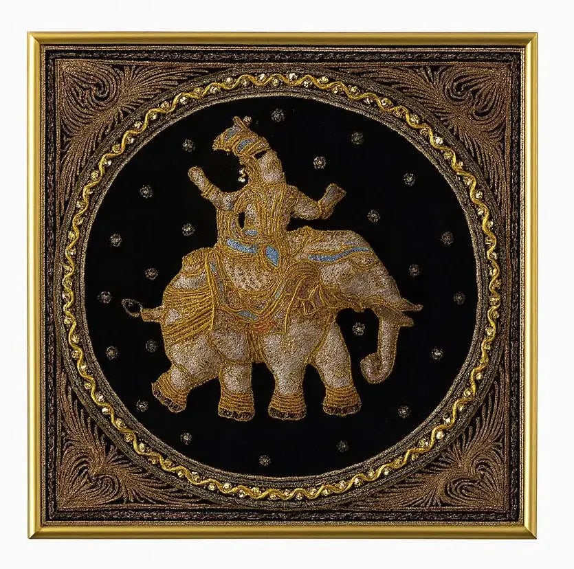 FRAMED TAPESTRY Traditional elephant scene. Ornate gold frame. Approx. 24" x 24", HD137: FRAMED TAPESTRY Traditional elephant scene. Ornate gold frame. Approx. 24" x 24"