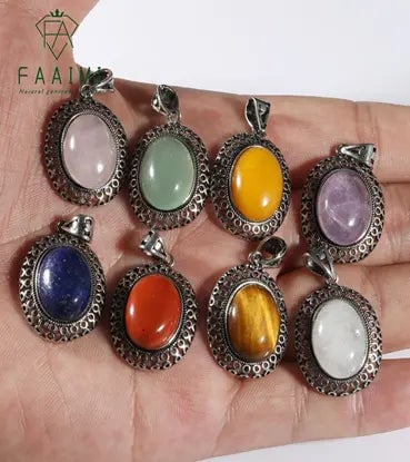 Handmade Natural Stone Gemstone Pendant, Copper & Silver, with Chain, Stone Size 12*16mm, Vin-Pen125: Handmade Natural Stone Gemstone Pendant, Copper & Silver, with Chain, Stone Size 12*16mm, Vin-Pen125