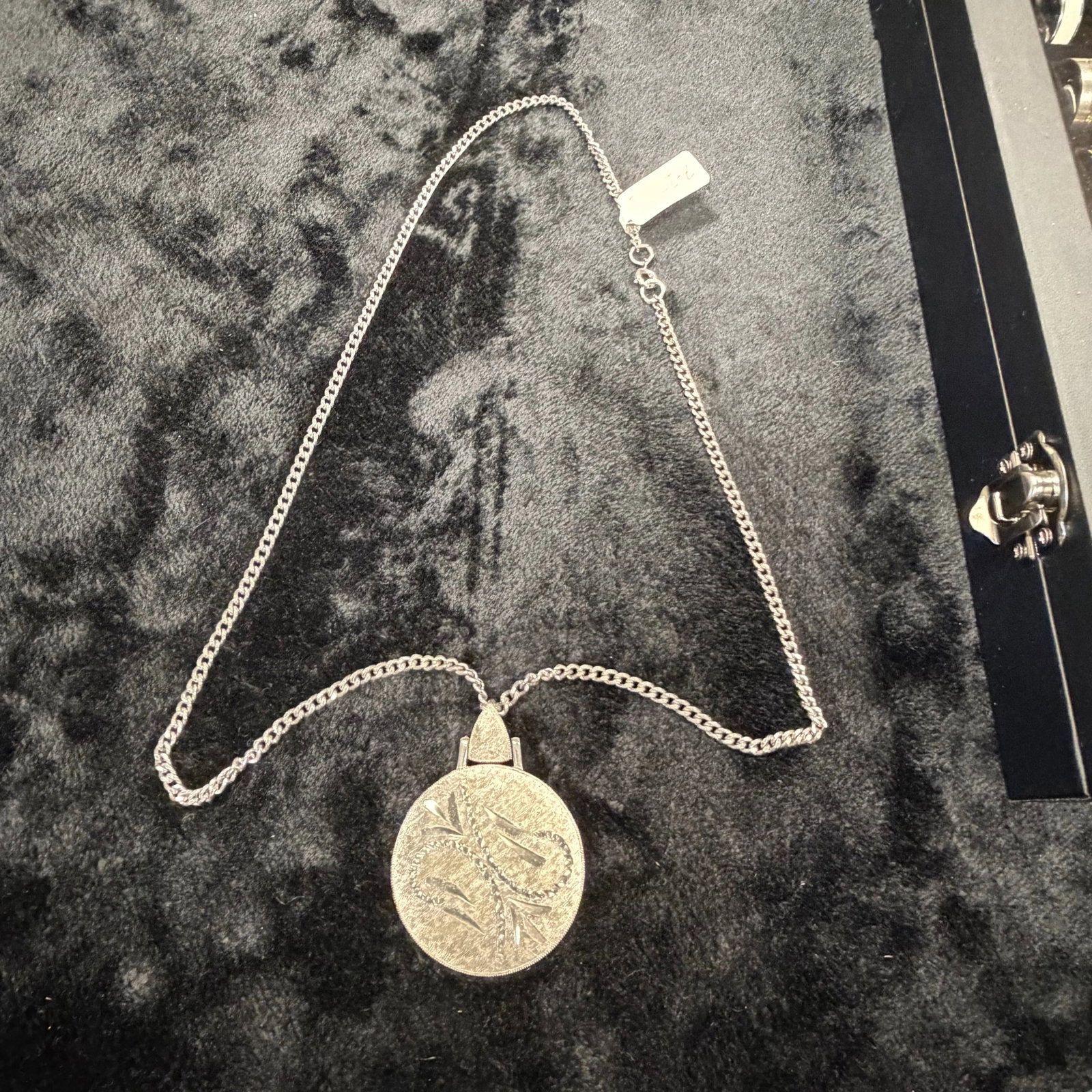 Stainless Steel Coin Medallion 22" Length, HD34: Durable silver-tone chain with an engraved stainless steel disc.