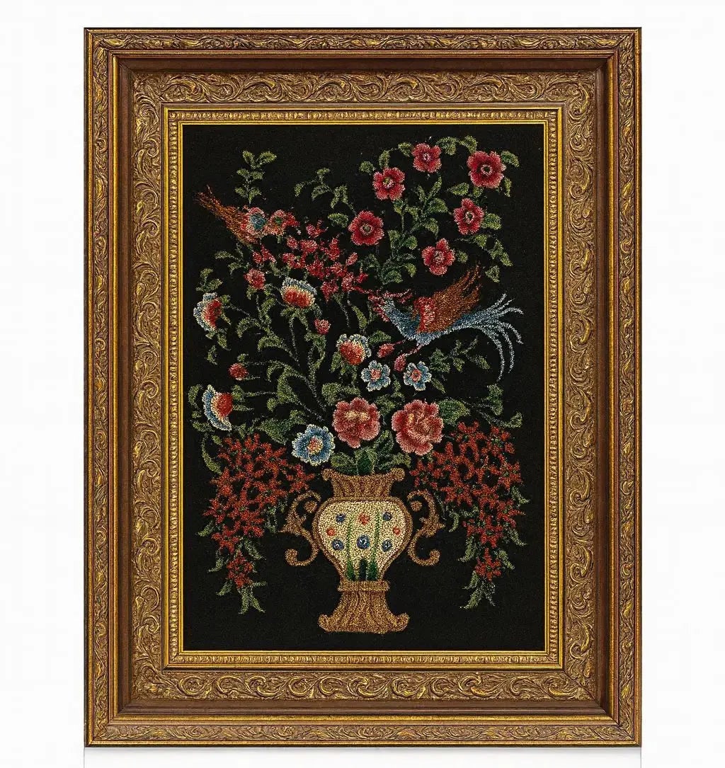 Floral Tapestry Decorative tapestry featuring birds and flowers on a black fabric background Approx. (1 of 1)