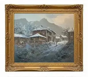 Snowy Village Landscape Painting depicting ocean with an-fashioned design on the shore, Approx. 24" (1 of 1)