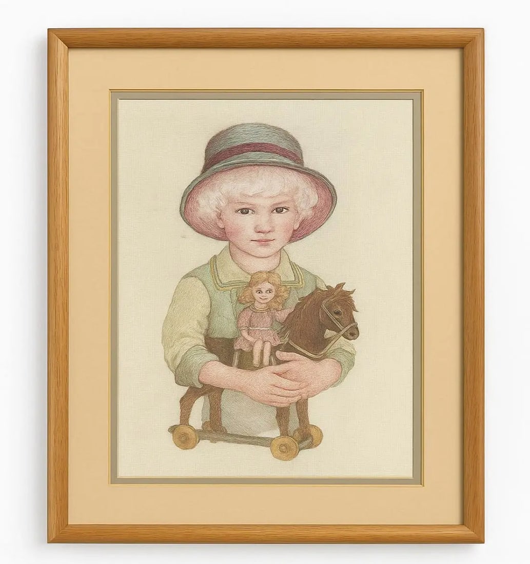 Boy with Hobby Horse & Doll, Framed portrait of a young boy holding a doll and a small hobby horse. (1 of 1)