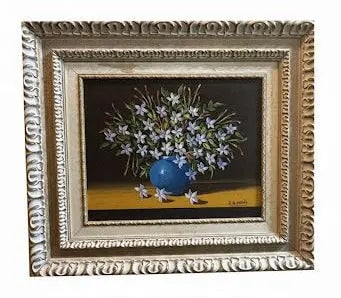 White Flowers in Blue Vase, A painting depecting delicate white in an old-fashioned design an in (1 of 1)