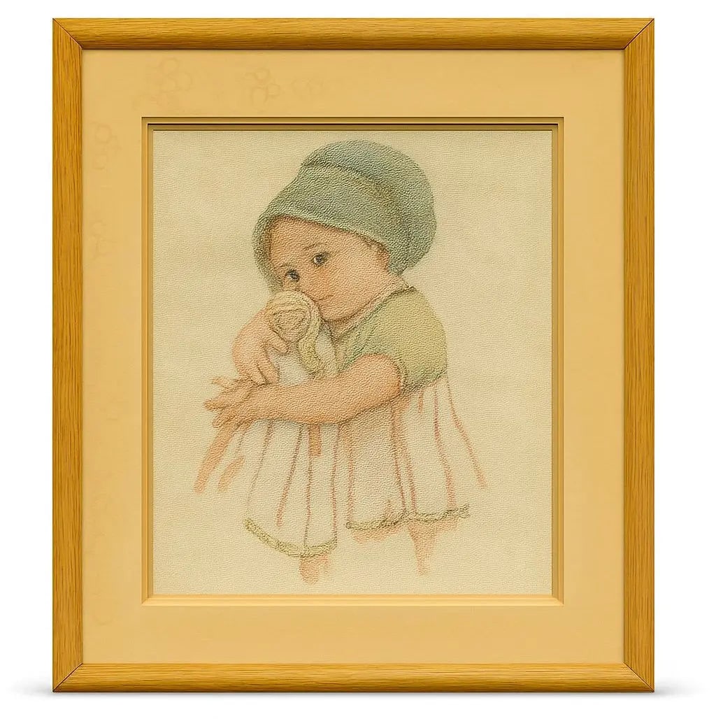 Girl with Doll, Tapestry-style portrait of a young girl in a bonnet hugging a cloth doll, HD73 (1 of 1)