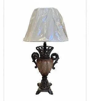 Ornate Urn Table Lamp, Traditional lamp with a crackled finish body, ornate metal base, and a shade (1 of 1)