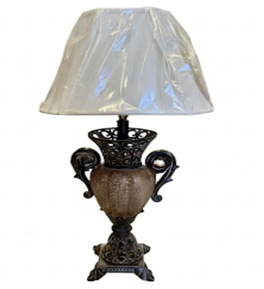 Ornate Urn Table Lamp, Traditional lamp with a crackled finish body, ornate metal base, and a shade: Ornate Urn Table Lamp, Traditional lamp with a crackled finish body, ornate metal base, and a shade still in protective plastic. Approx. 29" x 19"