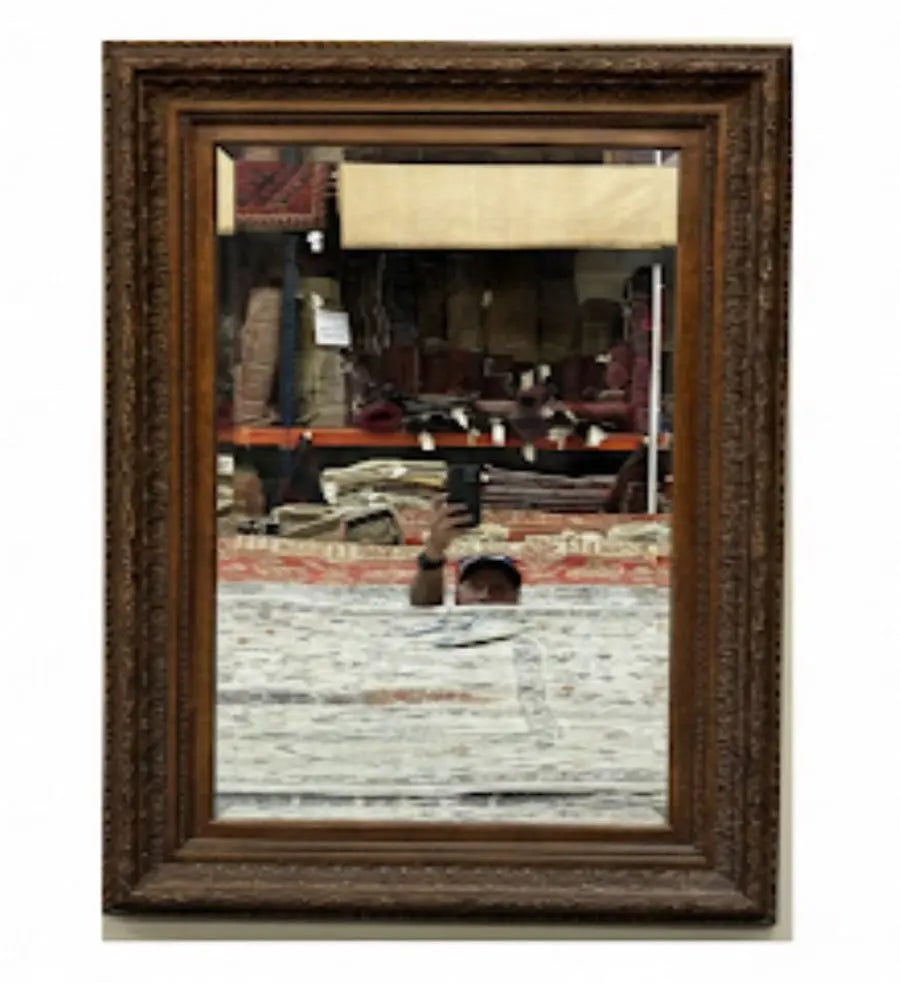 Ornate Rectangular Mirror Large, dark wood framed mirror with intricate caryines Approx. 36" x 48", (1 of 1)