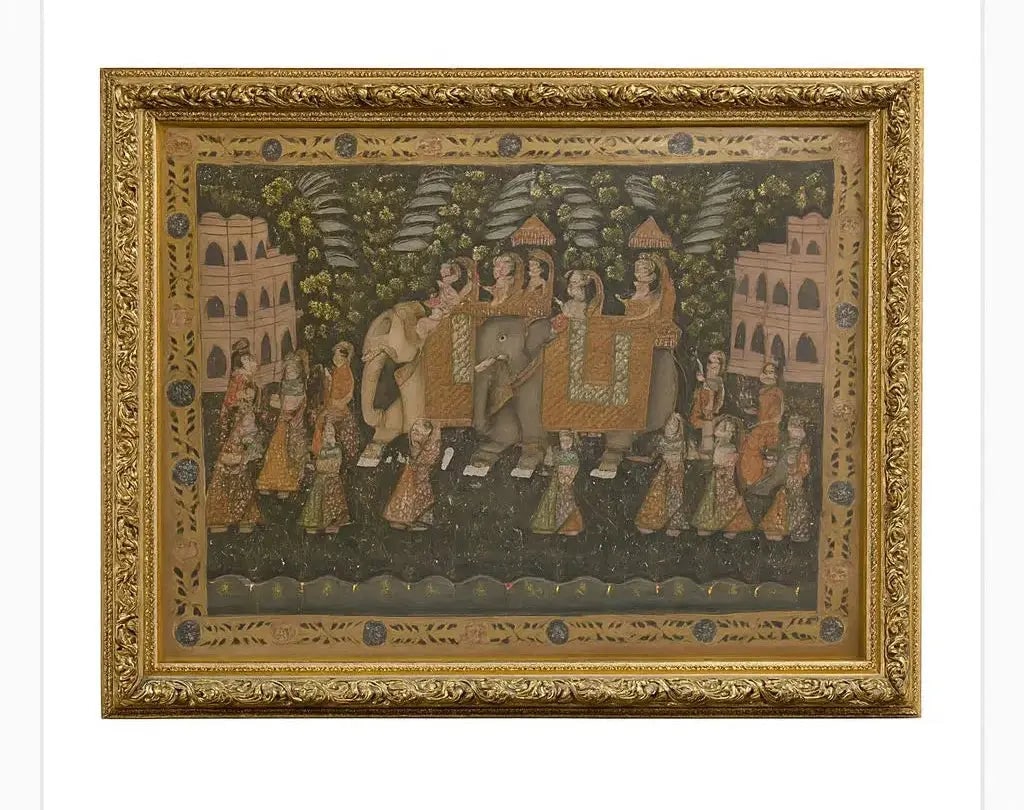 FRAMED TAPESTRY Detailed elephant procession scene. Ornate gold frame. Approx. 36" x 48", HD92 (1 of 1)