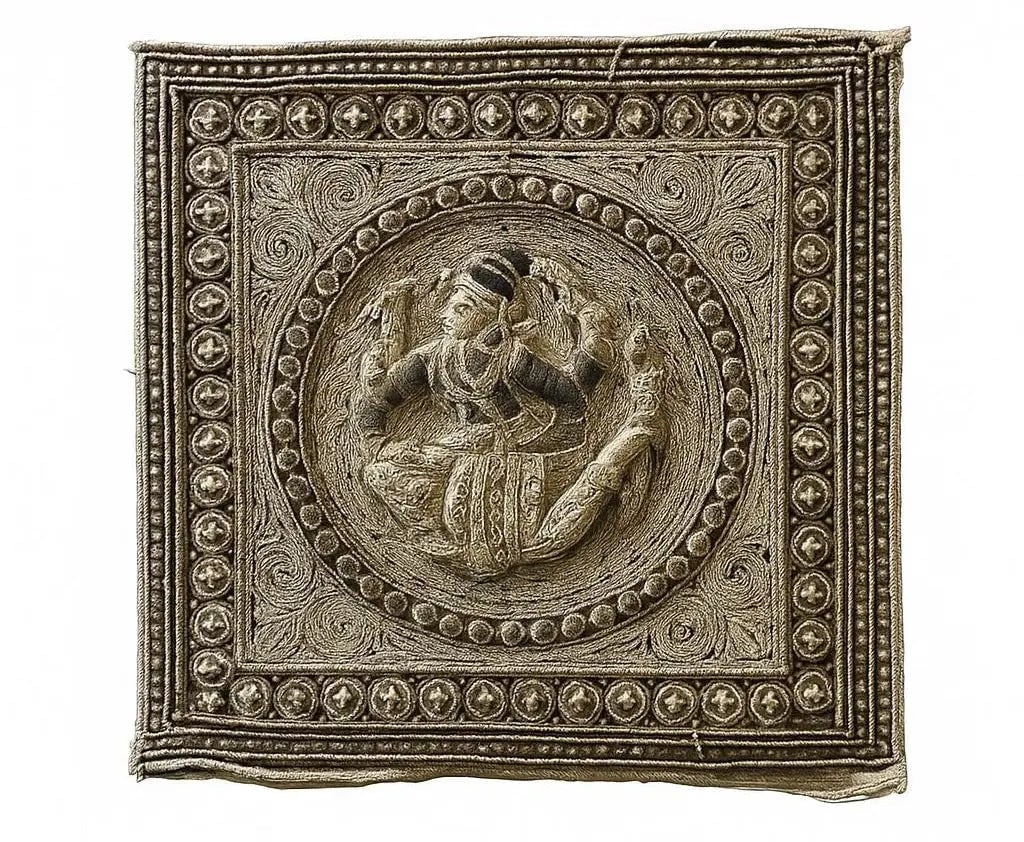 Tapestry, Decorative textile with intricate embroidery of a seated figure. Approx. 12" x 12", HD121 (1 of 1)