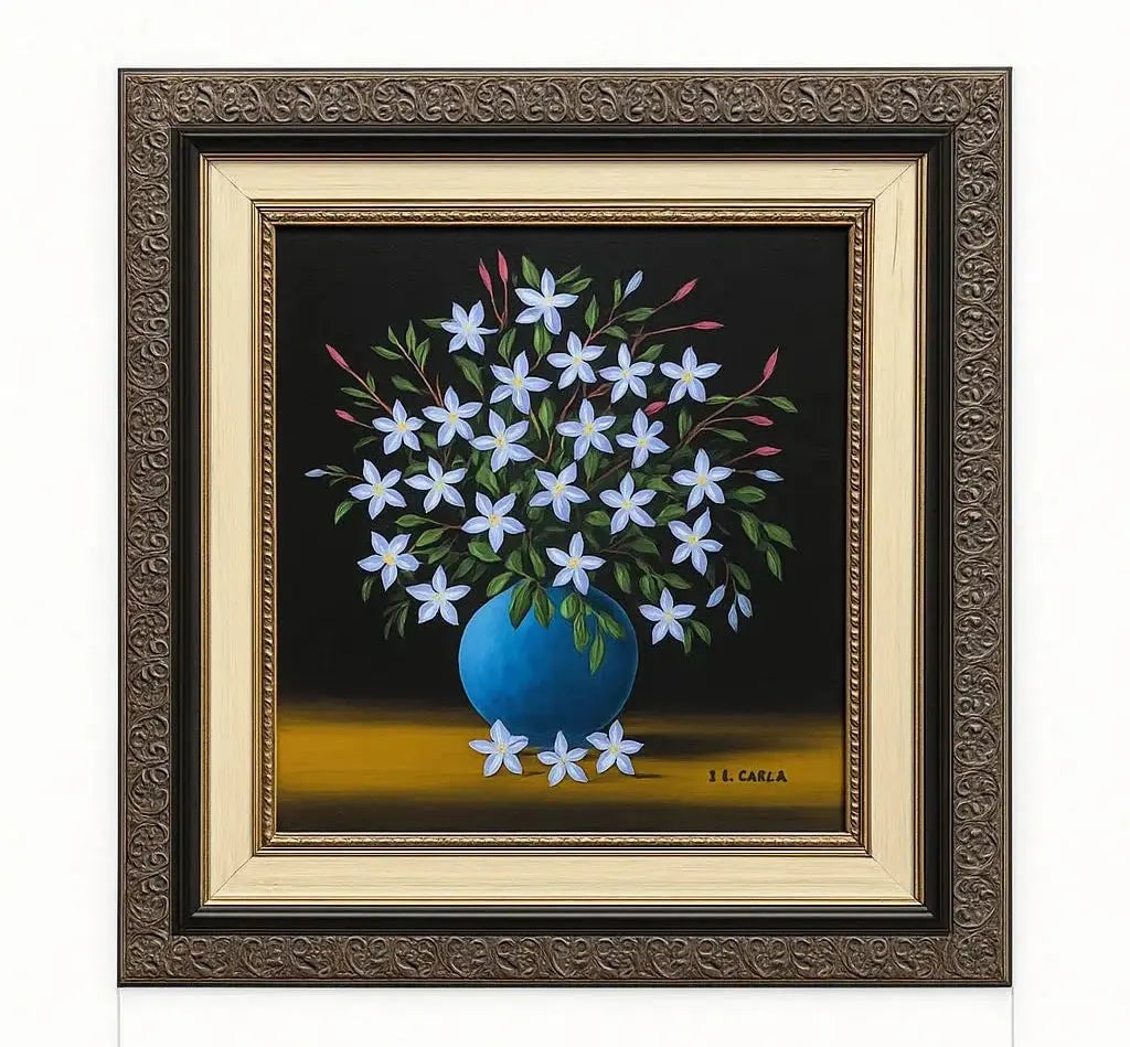 Floral Painting Painting of white flowers in a blue vase against a black baground Approx. 18" x 22", (1 of 1)
