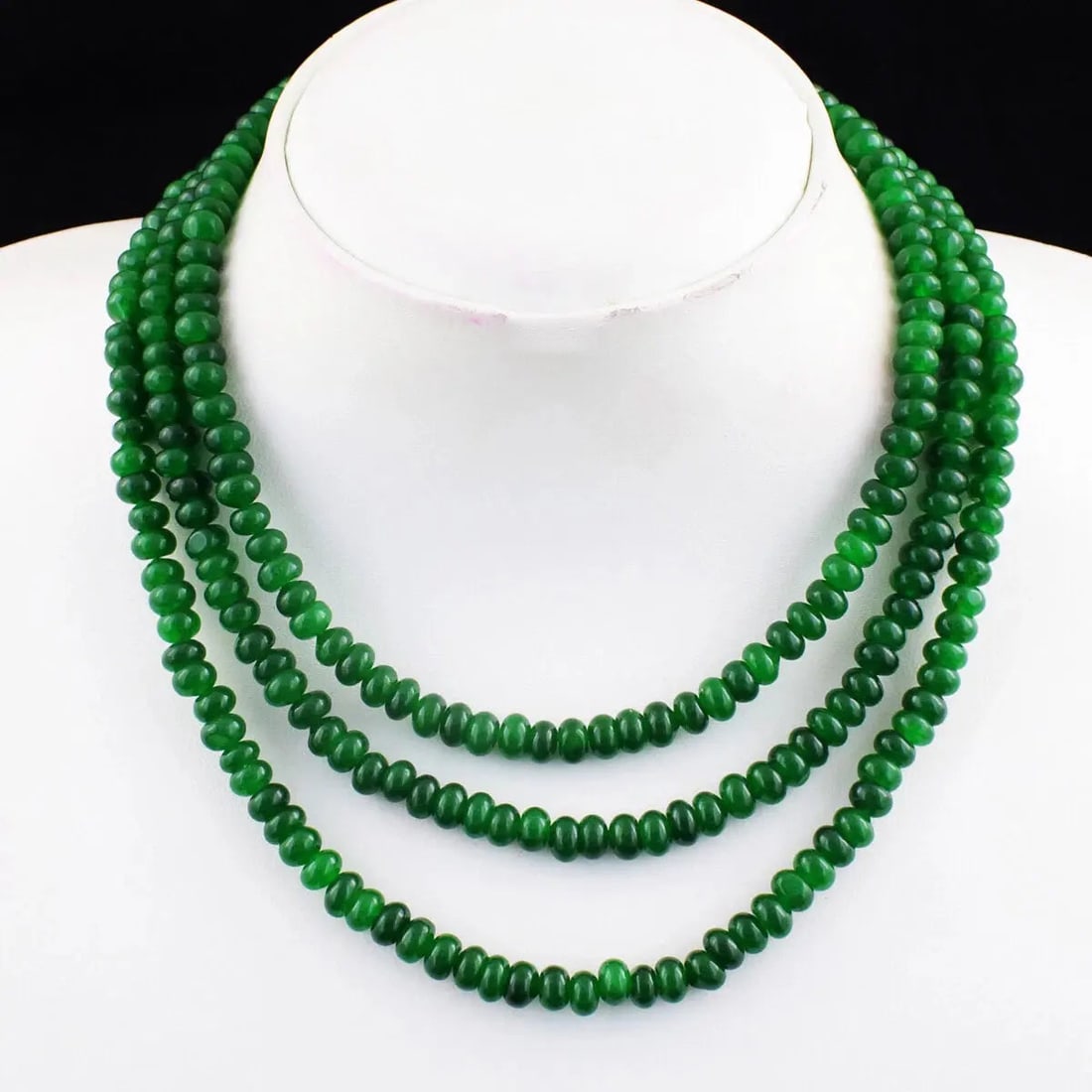 AAA+ Certified Quality 430 Cts 3 Line Enhanced Green Emerald Round Shape Beads Necklace AK 12 E440: AAA+ Certified Quality 430 Cts 3 Line Enhanced Green Emerald Round Shape Beads Necklace AK 12 E440