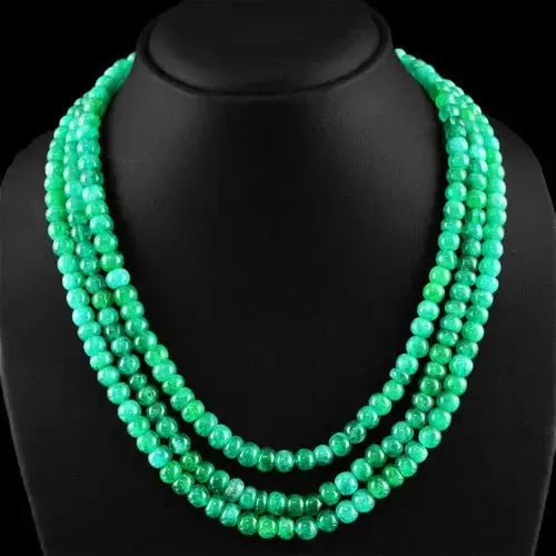 AAA+ Quality GENUINE 505.00 CTS EARTH MINED 3 LINE RICH GREEN EMERALD ROUND BEADS NECKLACE Cus-Jew29 (1 of 1)