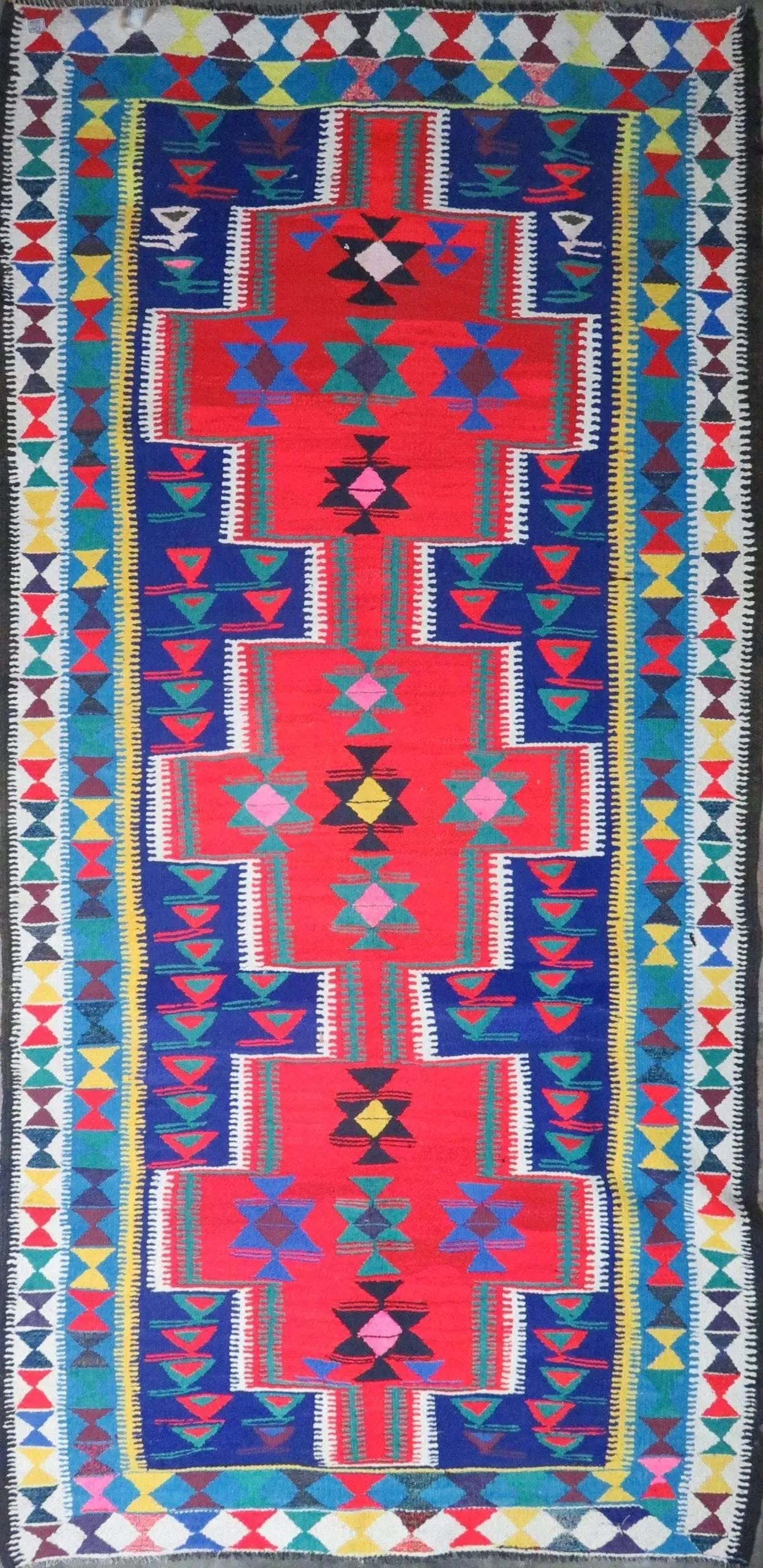 One Of The Kind Authentic Hand-Knotted Sanandaj Vintage Kilim 12'0" X 5'0": ABC Rugs Kilims Collection Sanandaj Seneh, Vintage Kilim Collection And Modern Colorful Hand-Knotted Area Kilim With Natural Wool And Cotton 12'0" X 5'0" (Abc-Per-1727) (Red, Blue) Hand knotted and me