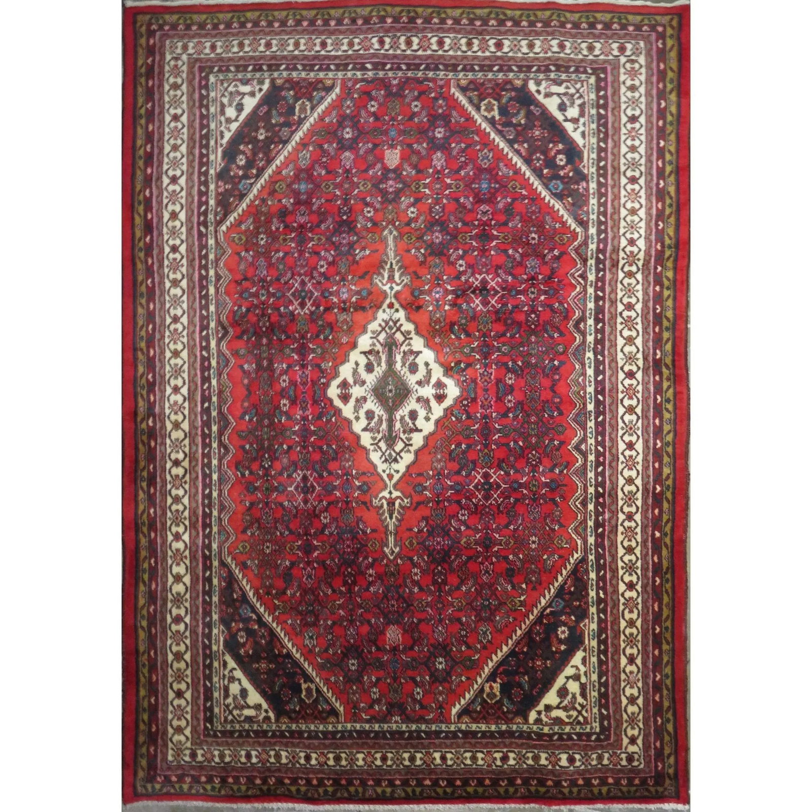 One Of The Kind Hand-Knotted Persian Wool Rug _ Luxurious Vintage Design, 9'5" x 6'6", Artisan: Hand-Knotted Persian Wool Rug _ Luxurious Vintage Design, 9'5" x 6'6", Artisan Crafted, Authentic hand-knotted traditional antique vintage Persian rugs, in excellent vintage condition with over 60 yea