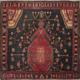 One Of The Kind Hand-Knotted Persian Wool Rug _ Luxurious Vintage Design, 4'3" x 4'2", Artisan