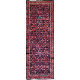 One Of The Kind Hand-Knotted Persian Wool Rug _ Luxurious Vintage Design, 10'10" x 3'3", Artisan