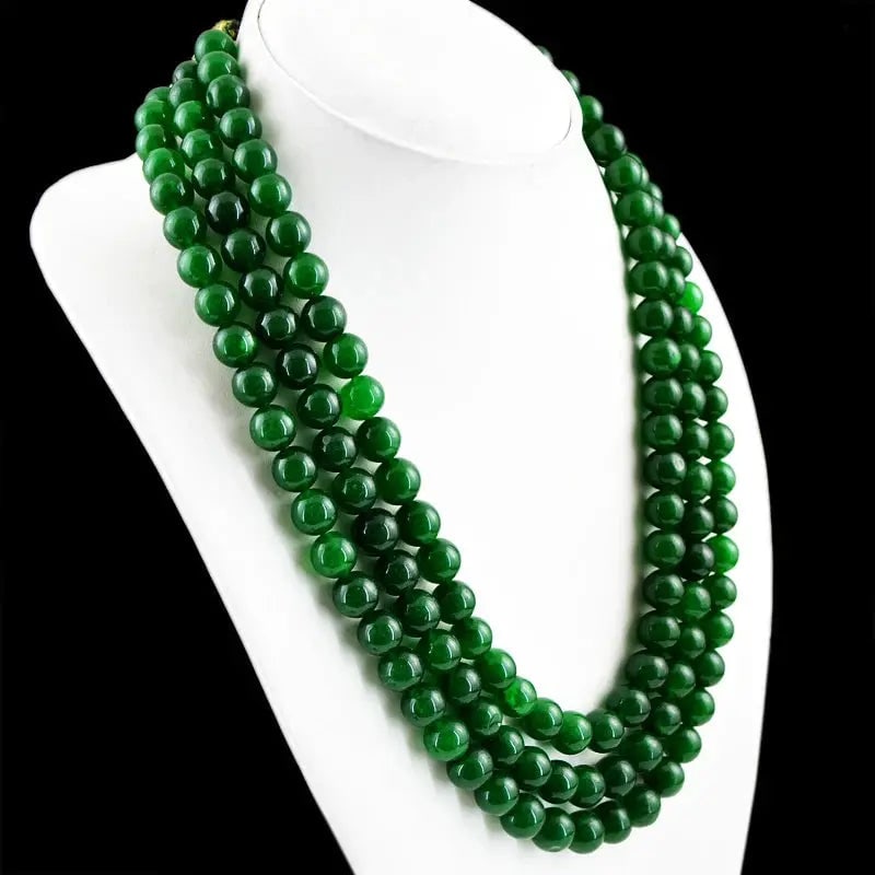 AAA+ Certified Quality 888.00 CTS EARTH MINED 3 STRAND ROUND ENHANCED GREEN EMERALD BEADS NECKLACE (1 of 1)