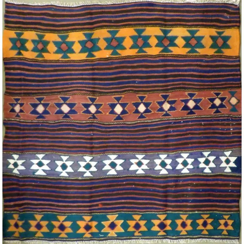 One Of The Kind Authentic Hand-Knotted Sanandaj Vintage Kilim 4'11" X 5'3": ABC Rugs Kilims Collection Authentic Hand-Knotted Sanandaj Vintage Kilims Natural Wool Seneh Collection Area Kilim 4'11" X 5'3" (Abckg1046) (Multi Color) Hand knotted and meticulously crafted by Sanan