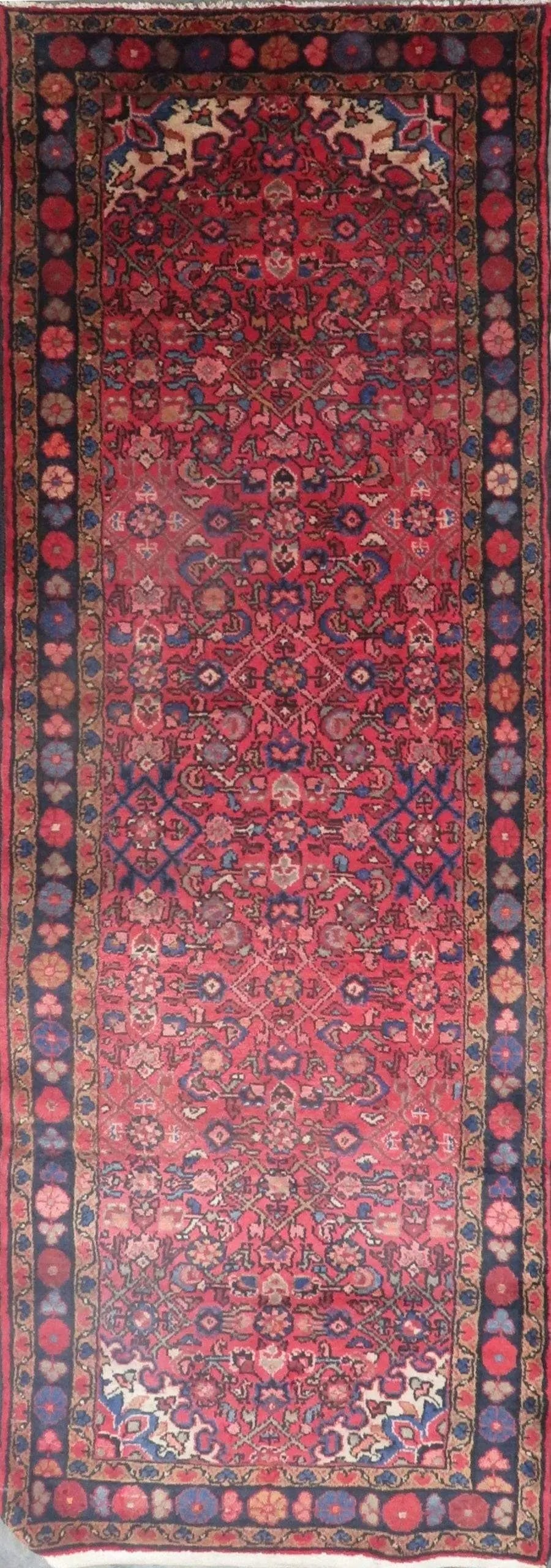 One Of The Kind Hand-Knotted Persian Wool Rug _ Luxurious Vintage Design, 10'0" x 3'3", Artisan: Hand-Knotted Persian Wool Rug _ Luxurious Vintage Design, 10'0" x 3'3", Artisan Crafted, Authentic hand-knotted traditional antique vintage Persian rugs, in excellent vintage condition with over 60 ye