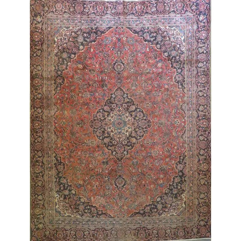 One Of The Kind Hand-Knotted Persian Wool Rug _ Luxurious Vintage Design, 12'9" x 9'10", Artisan: Hand-Knotted Persian Wool Rug _ Luxurious Vintage Design, 12'9" x 9'10", Artisan Crafted, Authentic hand-knotted traditional antique vintage Persian rugs, in excellent vintage condition with over 60 y